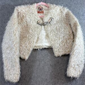Miss Sixty Faux Fur Cropped Jacket Womens Medium White Shaggy Chain Quilted Y2K